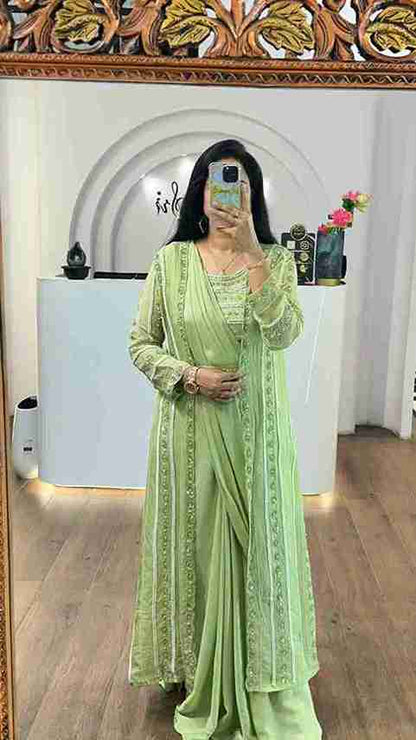 Light Green Handwork Drapestyle Skirt With Long Overcoat